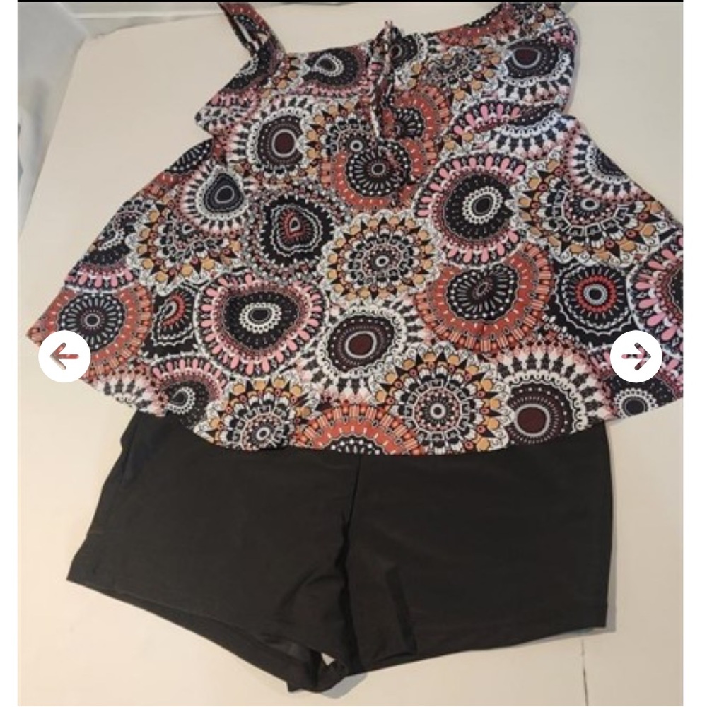 Colorful Patterned Top and Black Shorts bathing suit Set